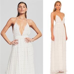NWT RETROFETE Silk Crystal Embellished Open Back Sleeveless Plunge V-Neck Gown M